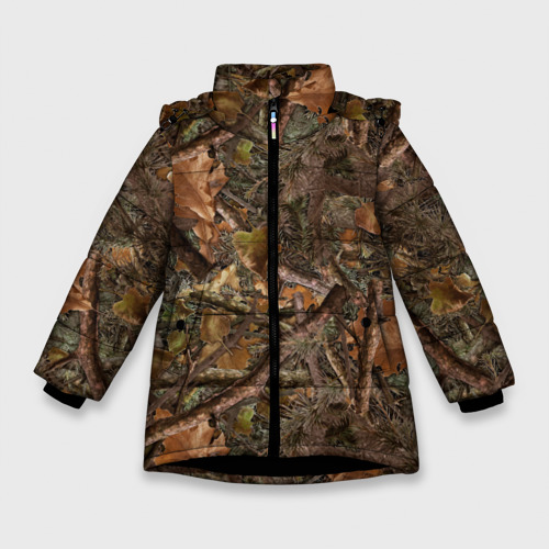 Зимняя куртка для девочек с принтом Охотничий камуфляж, вид спереди №1