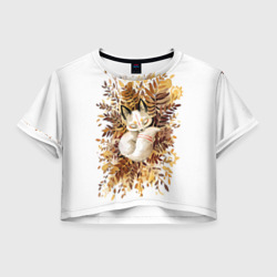 Женская футболка Crop-top 3D Лисичка спит в листьях
