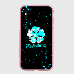 Чехол для iPhone XS Max матовый Логотип черный клевер с голубыми брызгами