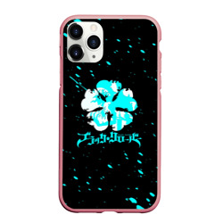 Чехол для iPhone 11 Pro Max матовый Логотип черный клевер с голубыми брызгами
