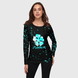 Женский лонгслив 3D Логотип черный клевер с голубыми брызгами - фото 2