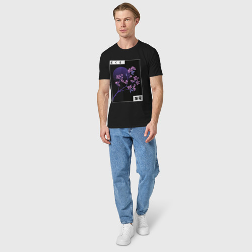 Мужская футболка хлопок с принтом Vaporwave цветущая сакура на фоне луны, вид сбоку #3
