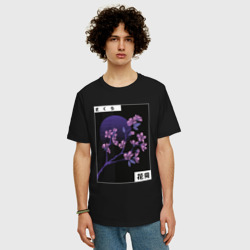 Мужская футболка хлопок Oversize Vaporwave цветущая сакура на фоне луны - фото 2