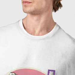 Футболка с принтом Vaporwave Sunset Кот Самурай для мужчины, вид на модели спереди №4. Цвет основы: белый