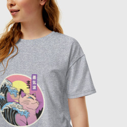 Женская футболка хлопок Oversize Vaporwave Sunset Кот Самурай - фото 2