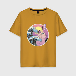 Женская футболка хлопок Oversize Vaporwave Sunset Кот Самурай