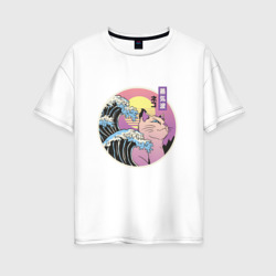 Женская футболка хлопок Oversize Vaporwave Sunset Кот Самурай