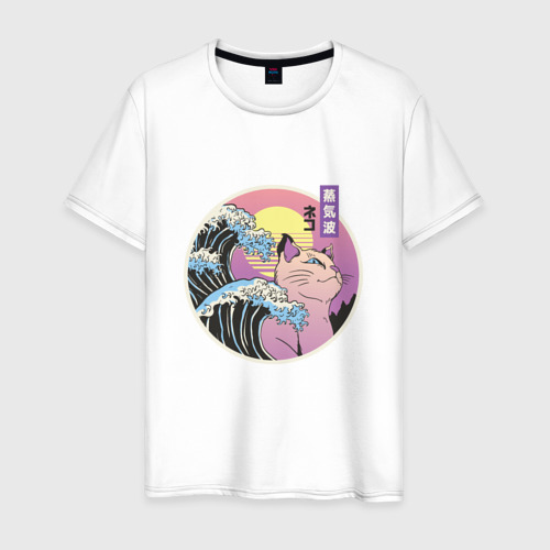 Мужская футболка из хлопка с принтом Vaporwave Sunset Кот Самурай, вид спереди №1
