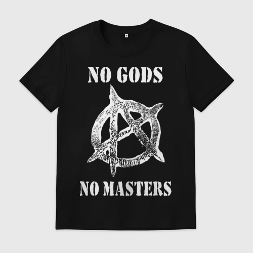 Мужская футболка хлопок с принтом No Gods no masters - Анархия, вид спереди #2