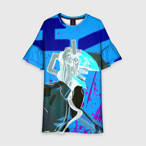 Детское платье 3D с принтом Человек-Бензопила на голубом фоне, вид спереди #2