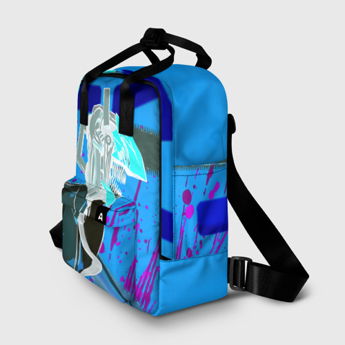 Женский рюкзак 3D с принтом Человек-Бензопила на голубом фоне, фото на моделе #1