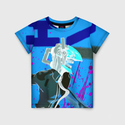 Детская футболка 3D Человек-Бензопила на голубом фоне