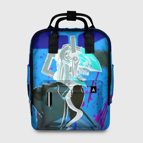 Женский рюкзак 3D с принтом Человек-Бензопила на голубом фоне, вид спереди #2