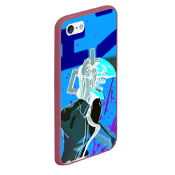 Чехол для iPhone 5/5S матовый Человек-Бензопила на голубом фоне - фото 2