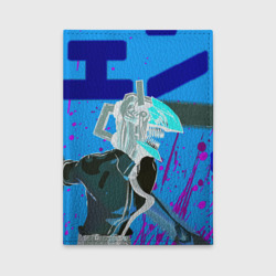 Обложка для автодокументов Человек-Бензопила на голубом фоне
