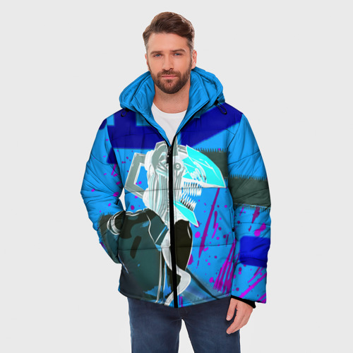 Мужская зимняя куртка 3D Человек-Бензопила на голубом фоне, цвет черный - фото 3