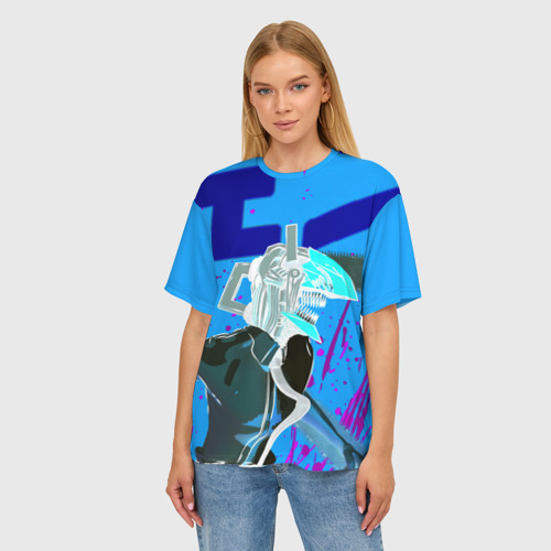 Женская футболка oversize 3D Человек-Бензопила на голубом фоне, цвет 3D печать - фото 3