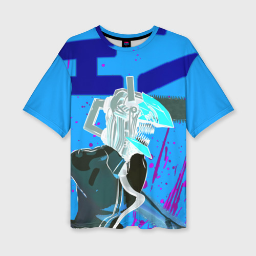 Женская футболка oversize 3D Человек-Бензопила на голубом фоне, цвет 3D печать