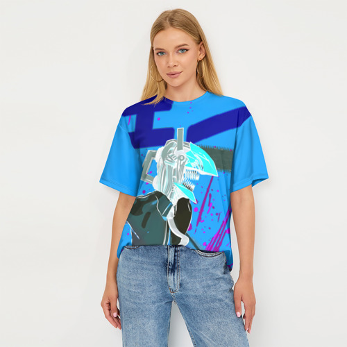 Женская футболка oversize 3D Человек-Бензопила на голубом фоне, цвет 3D печать - фото 5