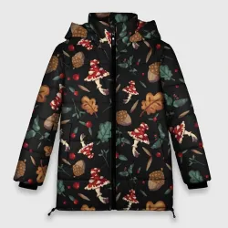 Женская зимняя куртка Oversize Лесной принт с мухоморами