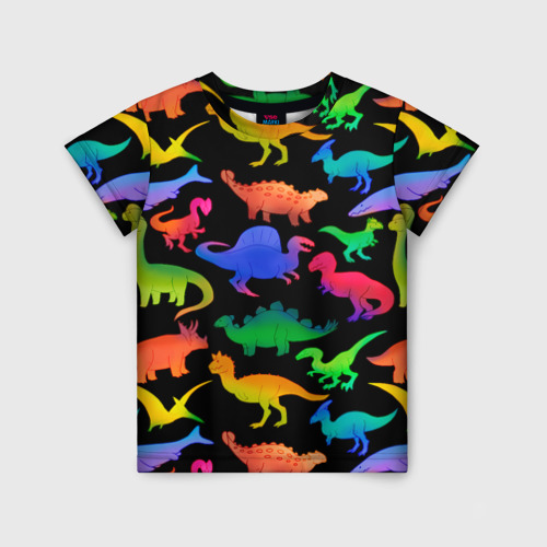 Детская футболка с принтом Яркие динозавры, вид спереди №1