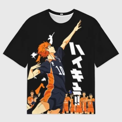Женская футболка oversize 3D Подача Сёё Хинаты. Haikyuu!! на черном фоне