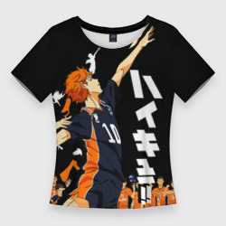 Женская футболка 3D Slim Подача Сёё Хинаты. Haikyuu!! на черном фоне