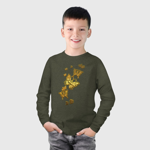 Детский лонгслив хлопок Золотистые бабочки, цвет меланж-хаки - фото 3