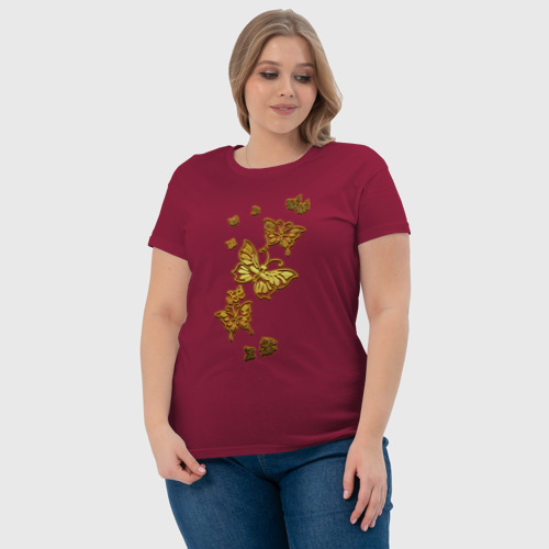 Женская футболка хлопок Золотистые бабочки, цвет маджента - фото 6