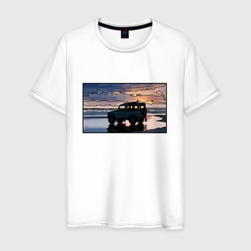 Мужская футболка хлопок Land Rover Defender на закате, цвет белый
