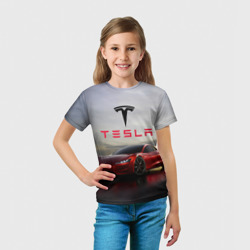 Футболка с принтом Tesla Roadster для ребенка, вид на модели спереди №3. Цвет основы: белый