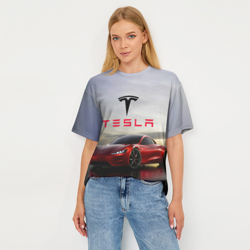 Женская футболка oversize 3D Tesla Roadster, цвет 3D печать - фото 5