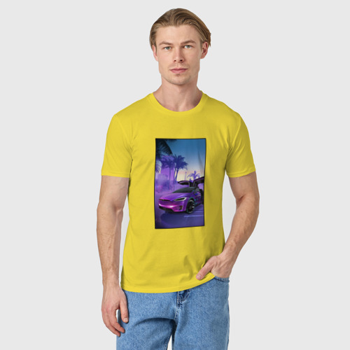 Мужская футболка хлопок Тесла в фиолетовом закате, цвет желтый - фото 3