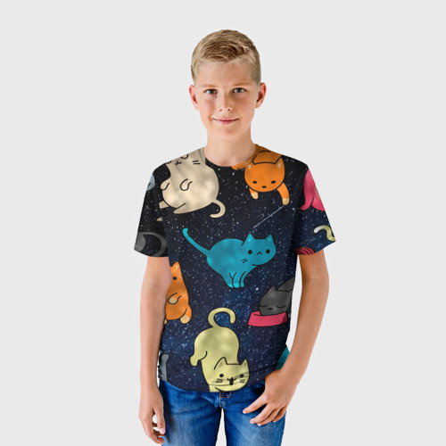 Детская футболка 3D с принтом Космические котики, фото на моделе #1