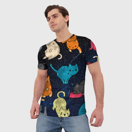 Мужская футболка 3D с принтом Космические котики, фото на моделе #1
