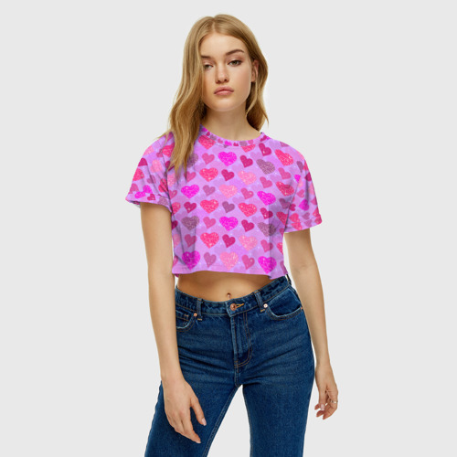 Женская футболка Crop-top 3D Розовые сердечки, цвет 3D печать - фото 3