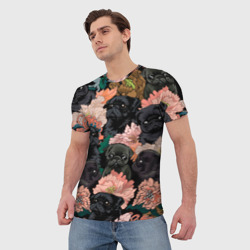 Мужская футболка 3D Мопсы и Цветы - фото 2