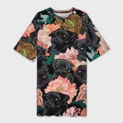 Платье-футболка 3D Мопсы и Цветы