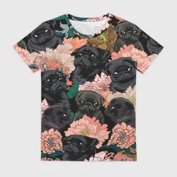 Женская футболка 3D Мопсы и Цветы