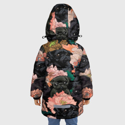 Куртка с принтом Мопсы и Цветы для любого человека, вид сзади №2. Цвет основы: черный