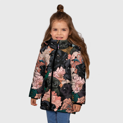 Зимняя куртка для девочек 3D Мопсы и Цветы, цвет красный - фото 3