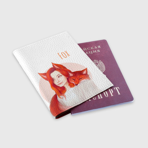 Обложка для паспорта матовая кожа Девушка-лиса, цвет красный - фото 3