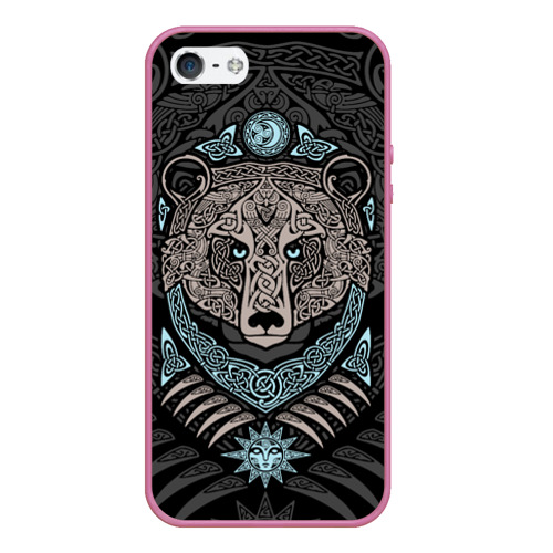 Чехол для iPhone 5/5S матовый Медведь скандинавский орнамент, цвет малиновый