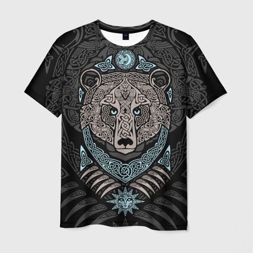 Мужская футболка с принтом Медведь скандинавский орнамент, вид спереди №1