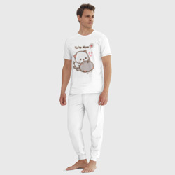 Пижама с принтом Влюблённые котята для мужчины, вид на модели спереди №3. Цвет основы: белый