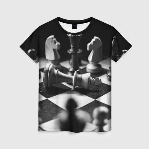 Женская футболка 3D с принтом Шахматы фигуры доска ход мат, вид спереди #2