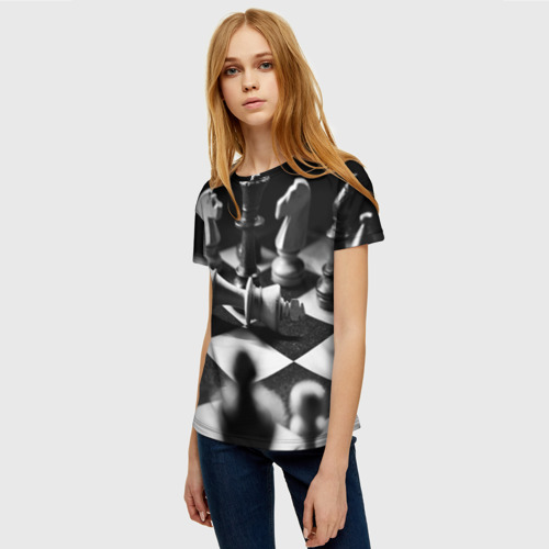 Женская футболка 3D с принтом Шахматы фигуры доска ход мат, фото на моделе #1