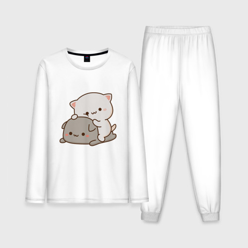 Мужская пижама из хлопка с лонгсливом с принтом Милые котики, вид спереди №1