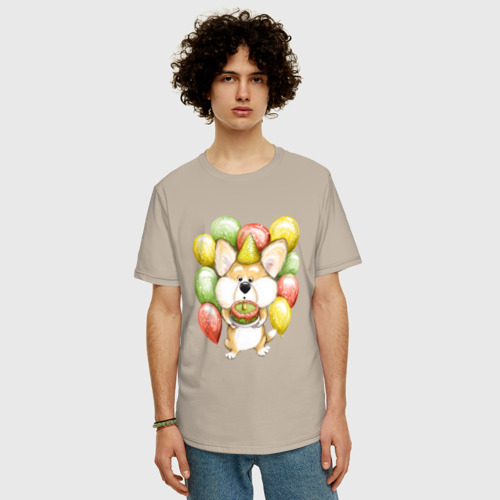 Мужская футболка хлопок Oversize Милый корги с тортиком, цвет миндальный - фото 3