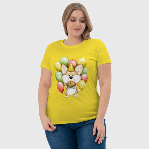 Женская футболка хлопок Милый корги с тортиком, цвет желтый - фото 6